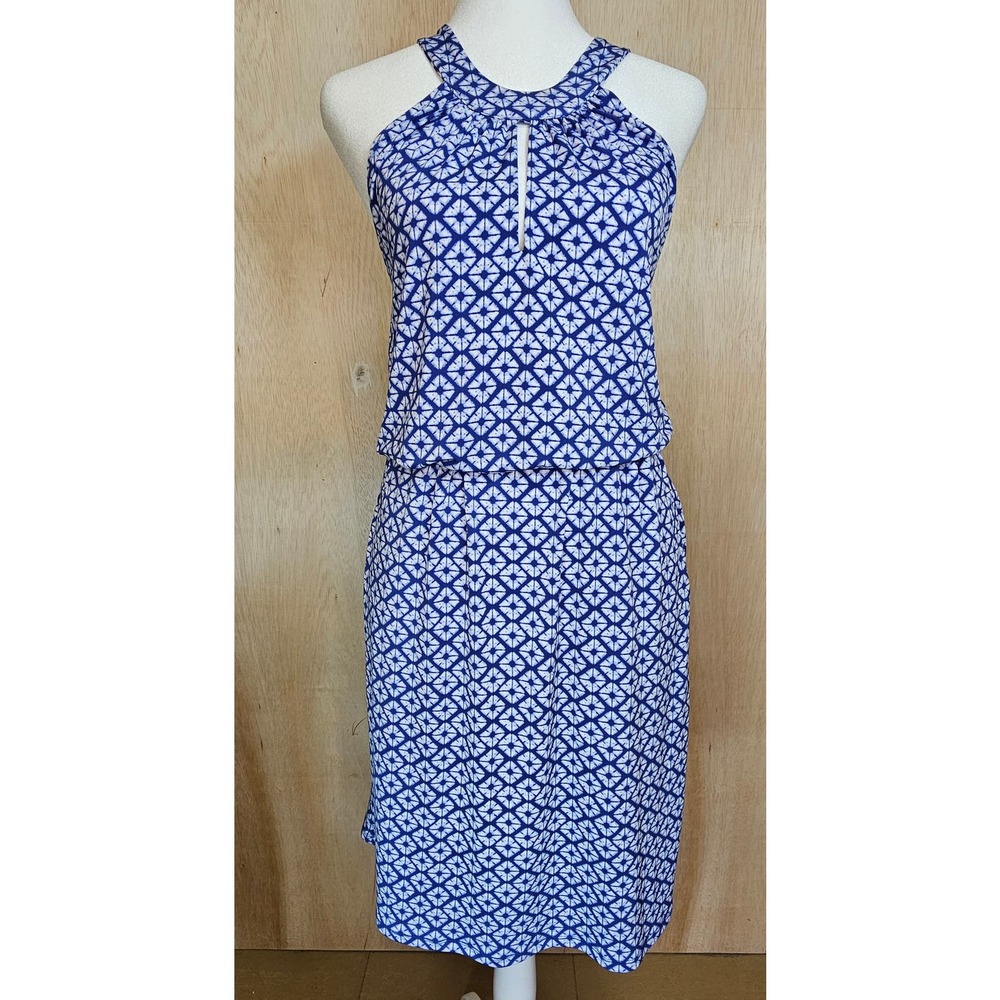 Banana Republic Blue & White Geometric Blouson Keyhole Halter Mini Dress Size XS